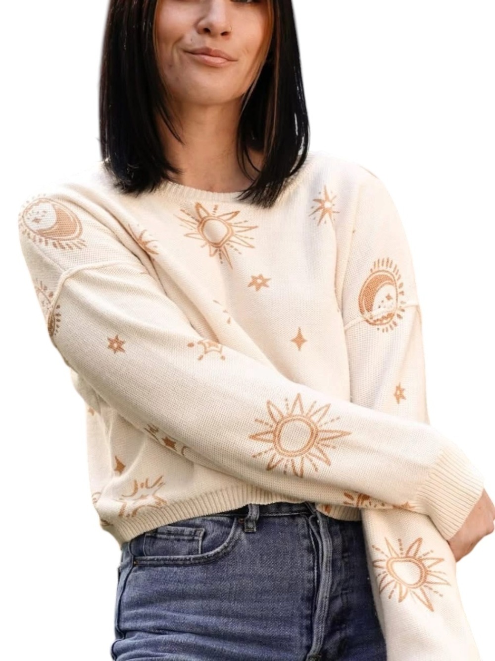 Sincerely Jules Celestial Print Cropped Sweater Women’s Size Large Cream & Gold